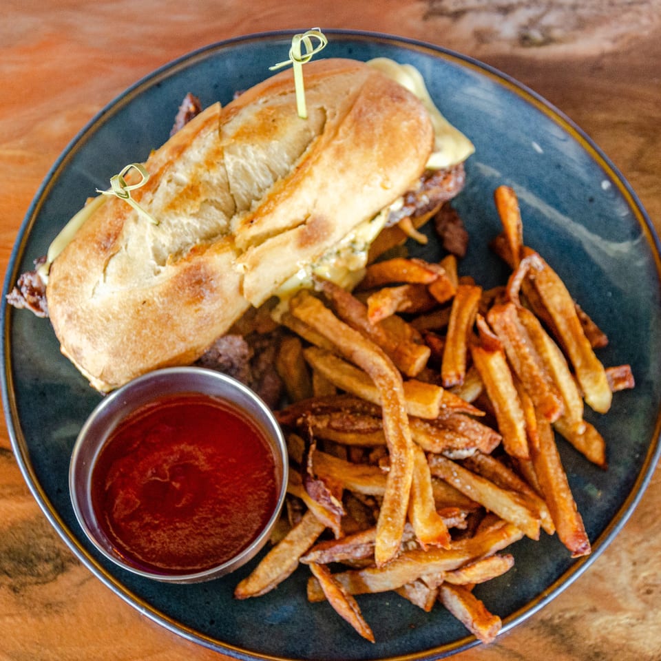 Grilled sandwich with melted cheese served alongside golden fries and ketchup on a dark plate.